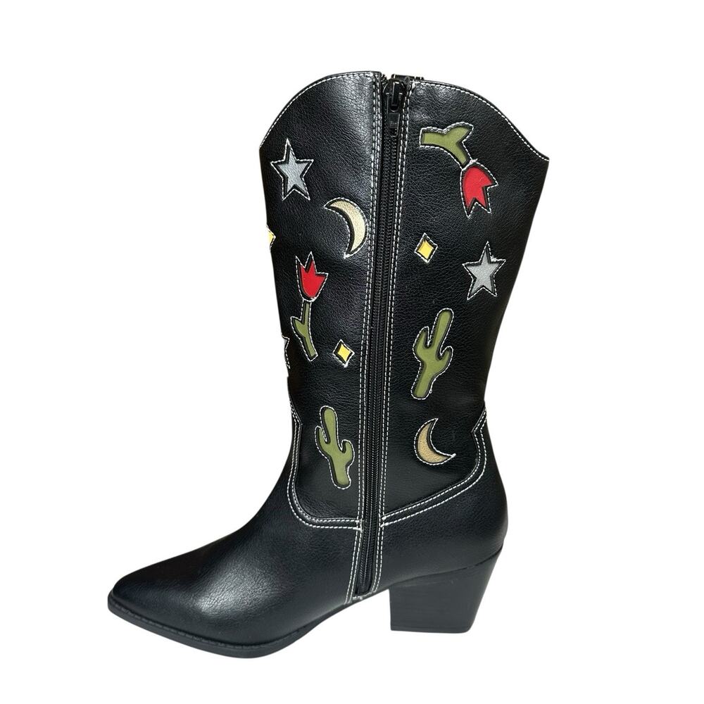 No Boundaries Western Cowgirl Boots Cactus Moon Star Black Faux Leather Womens 9 - Picture 6 of 10